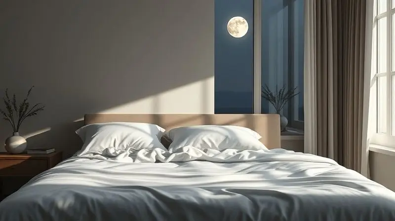 Quarto tranquilo e arrumado à noite, com a cama pronta, simbolizando a importância do descanso e do sono de qualidade para a recuperação.