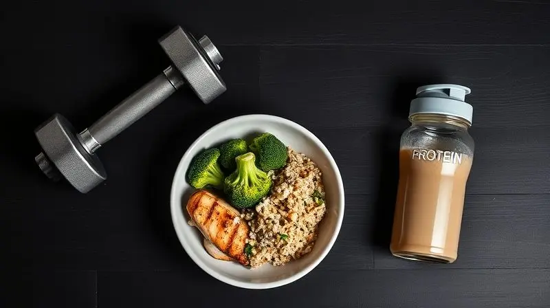 Composição com halteres, refeição saudável e shake, simbolizando dicas para potencializar o ganho de massa muscular.
