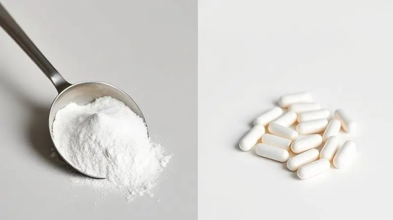 Comparativo lado a lado mostrando a diferença visual entre a creatina na sua forma em pó e em cápsulas.