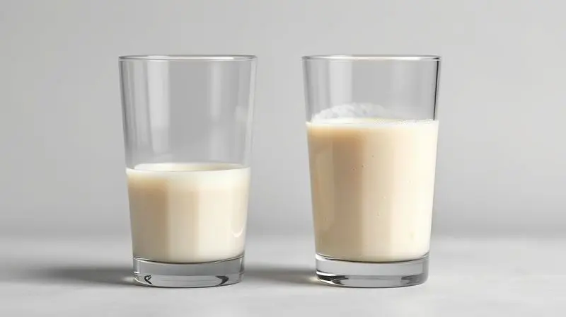 Comparativo visual da textura do whey protein (líquido) e da caseína (espesso), ilustrando a diferença na velocidade de absorção.