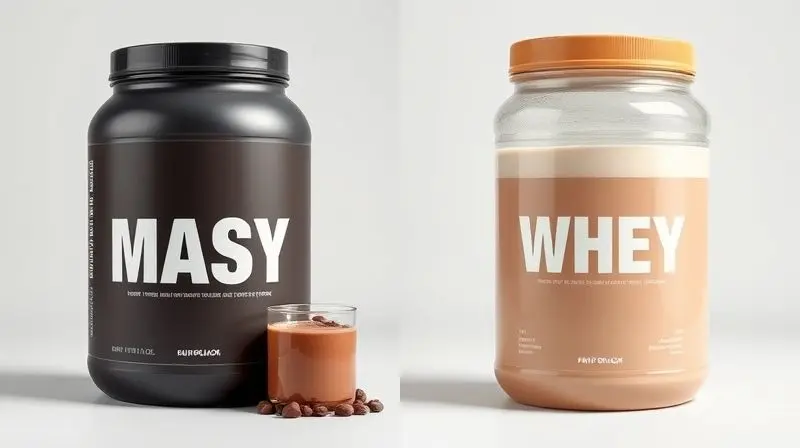 Comparativo visual mostrando a diferença entre um pote de hipercalórico e um de whey protein, lado a lado, em fundo neutro.
