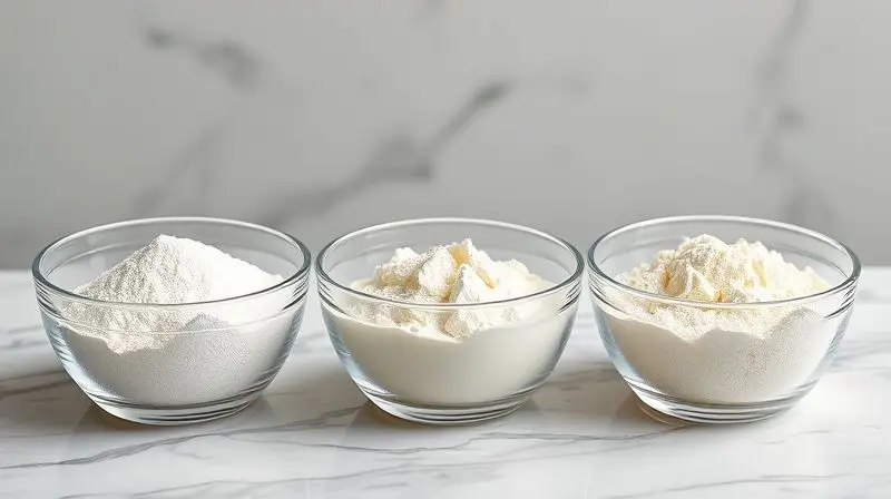 Três tipos de whey protein - concentrado, isolado e hidrolisado - em potes de vidro, mostrando as diferenças entre eles para ajudar na escolha.