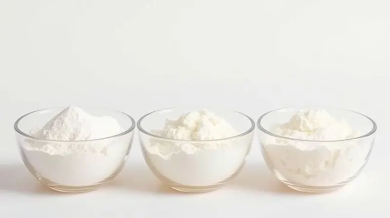 Três tipos de whey protein - concentrado, isolado e hidrolisado - em potes, destacando as diferenças de textura e pureza.