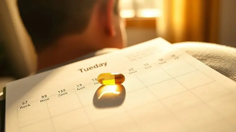 Cápsula de vitamina D sobre um calendário para ilustrar a importância de definir a dosagem ideal e a necessidade diária do suplemento.