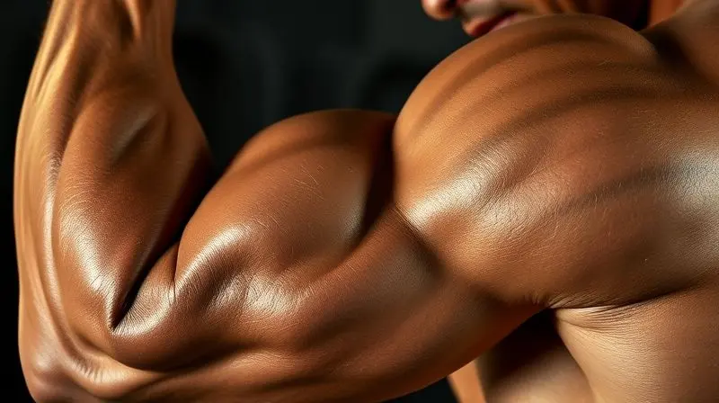 Close-up de um braço musculoso em contração, demonstrando o efeito do EAA no estímulo ao ganho de massa muscular e hipertrofia.