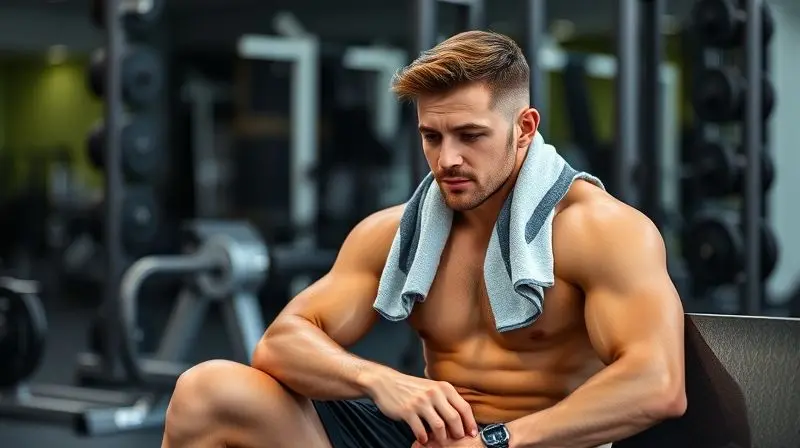 Atleta descansando satisfeito na academia, simbolizando a aceleração da recuperação muscular e a redução da fadiga proporcionadas pelo EAA.
