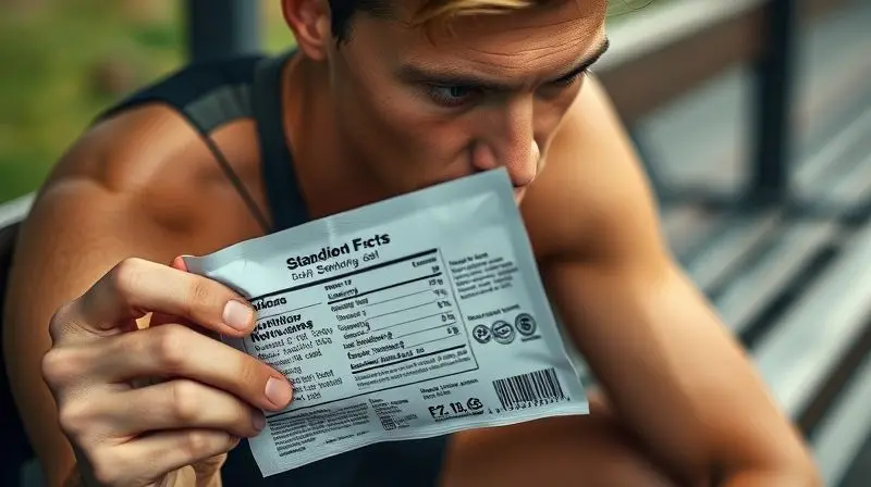Atleta analisando a tabela nutricional de um gel de carboidrato para verificar possíveis efeitos colaterais e contraindicações.