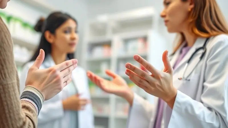 Paciente conversando com um profissional de saúde sobre os possíveis efeitos colaterais e contraindicações de um suplemento.