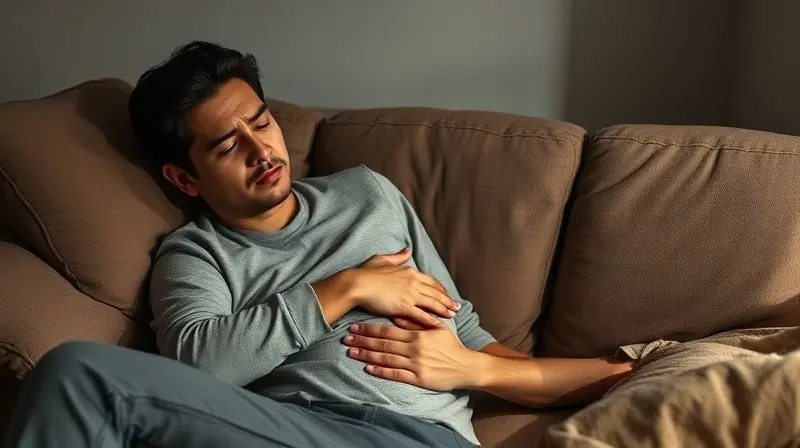 Pessoa sentindo um leve desconforto abdominal, representando um dos possíveis efeitos colaterais do suplemento de ferro.