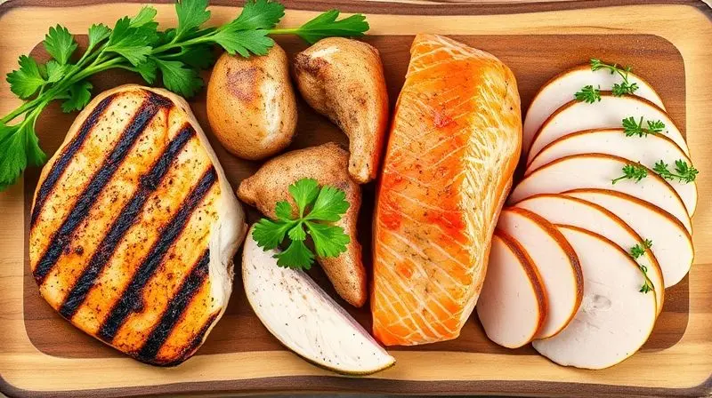 Prato com fontes naturais de beta alanina, incluindo frango, peru e peixe, como alternativa aos suplementos.