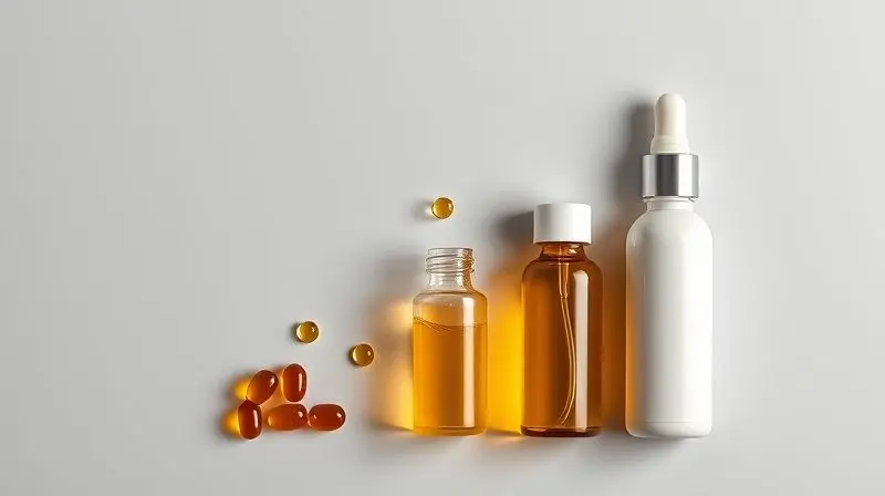 Comparativo visual das formas de apresentação da vitamina D: cápsulas, gotas e spray, organizados lado a lado em uma superfície limpa.