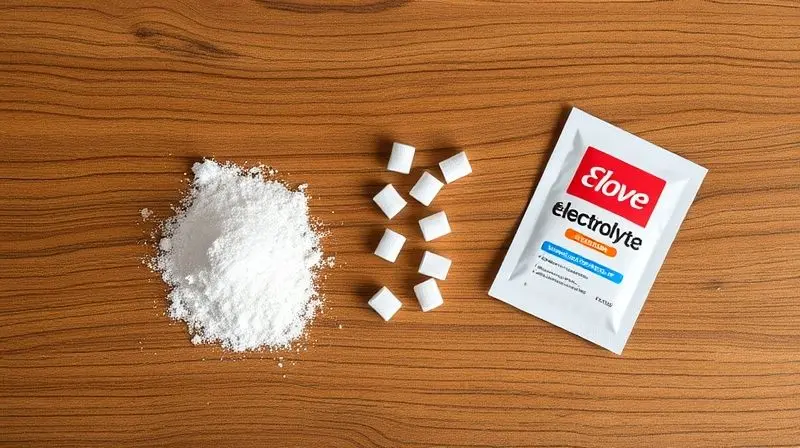 Diferentes formatos de suplementos eletrolíticos: pó, pastilhas efervescentes e sachês individuais, destacando a conveniência de cada um.