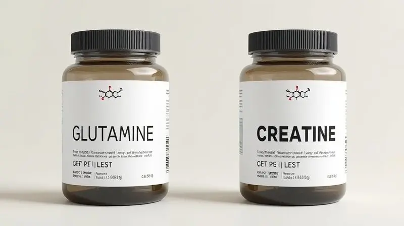 Comparativo visual entre dois potes de suplementos, representando a diferença entre glutamina e creatina.