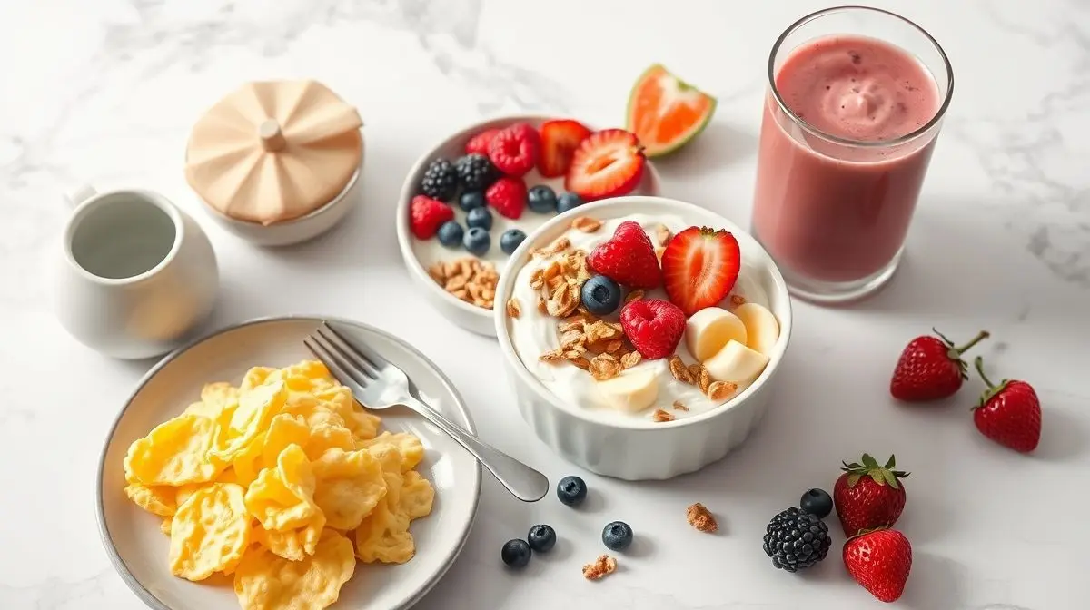 Mesa de café da manhã rico em proteínas com uma tigela de iogurte, ovos mexidos e um smoothie, mostrando opções para uma refeição saudável e proteica.