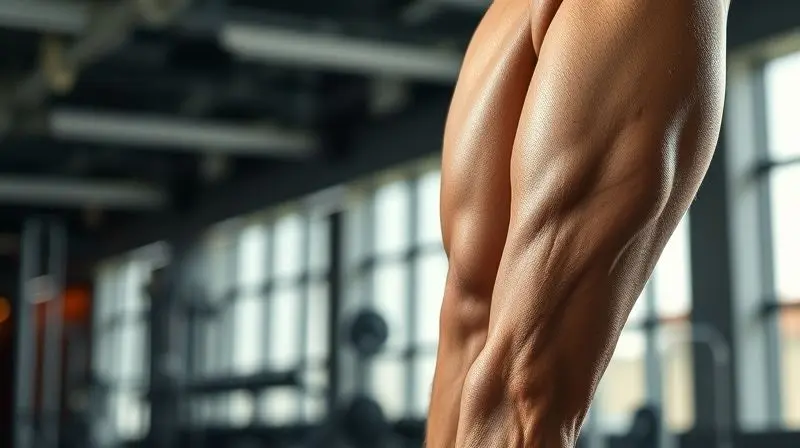 Close-up de um músculo da panturrilha de um atleta em uma academia, ilustrando a importância da recuperação muscular para o reparo das fibras.