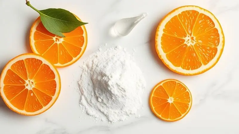 Composição de ingredientes como Vitamina C e Ácido Hialurônico ao lado de colágeno em pó, ilustrando ativos extras.