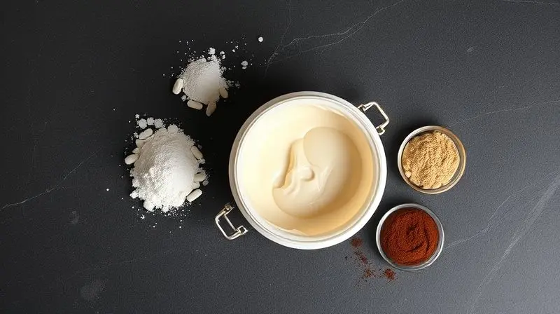 Ingredientes extras do whey protein, como creatina, BCAAs e cacau em pó, dispostos ao redor de um pote de suplemento para análise.