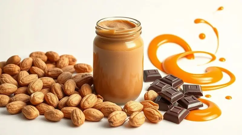 Composição com amendoins inteiros ao lado de uma pasta integral e pedaços de chocolate e caramelo representando os aditivos.
