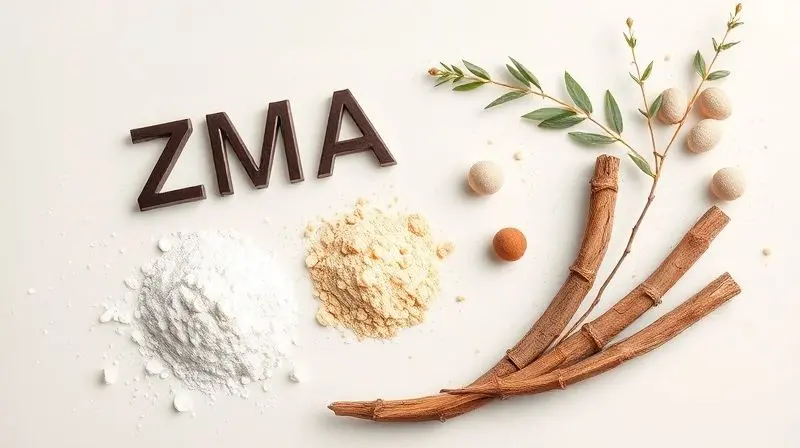 Composição artística com ingredientes naturais de pré-hormonais, como ZMA, Boro e Long Jack, sobre uma superfície clara.