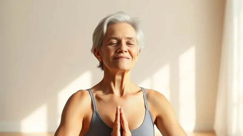 Mulher madura e serena praticando ioga, simbolizando o equilíbrio hormonal e alívio dos sintomas da menopausa com a maca peruana.