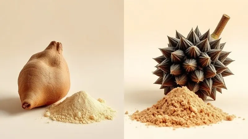 Comparativo visual lado a lado entre a raiz da Maca Peruana e o fruto do Tribulus Terrestris, destacando a diferença entre os suplementos.