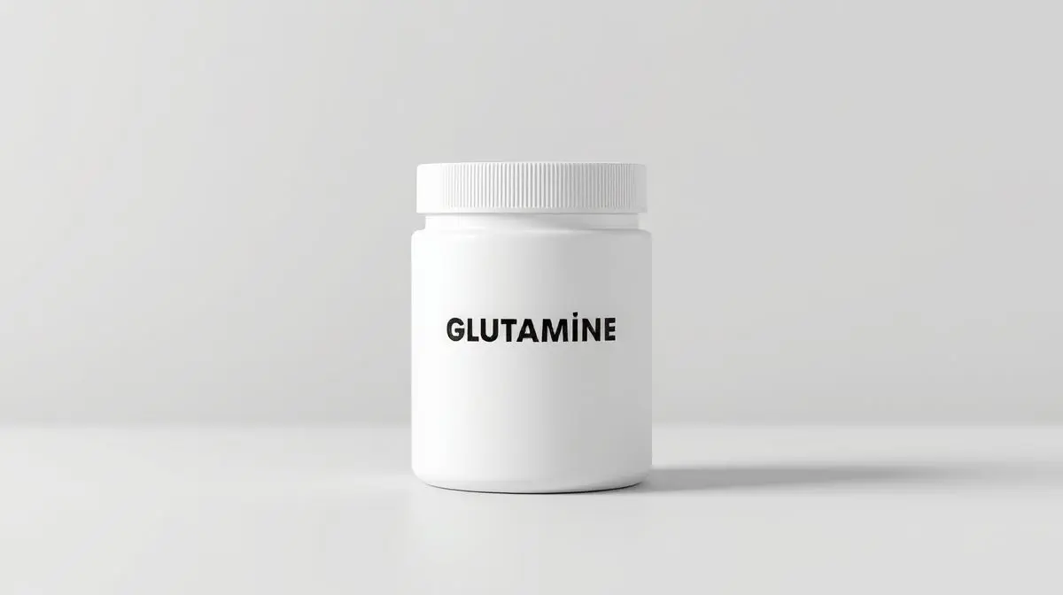 Pote branco minimalista de glutamina em pó, representando a escolha da melhor glutamina do mercado, em um fundo de estúdio com iluminação profissional.