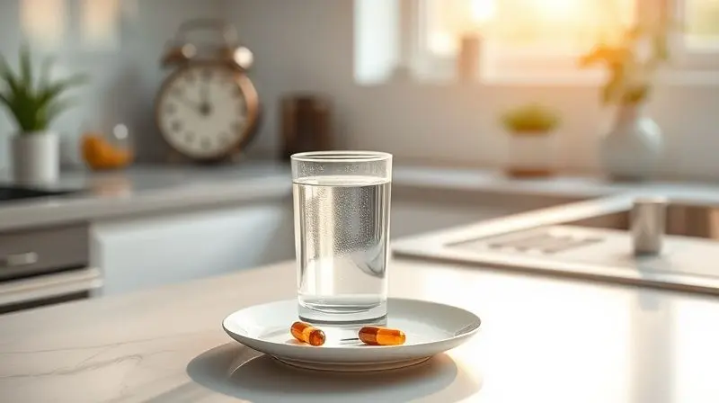 Cena de café da manhã com um copo de água e uma cápsula de multivitamínico, ilustrando o melhor horário para tomar o suplemento.