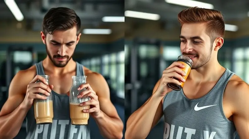 Imagem dividida mostrando uma pessoa com whey protein antes do treino e outra depois, ilustrando o melhor horário para tomar o suplemento.