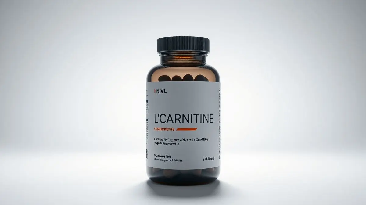 Embalagem moderna e minimalista de um suplemento de L-Carnitina em destaque, sobre um fundo de estúdio limpo, representando as melhores opções do mercado.
