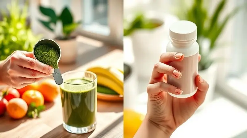 Pessoa escolhendo entre consumir antioxidantes através de um smoothie com superalimentos e um suplemento em cápsula.