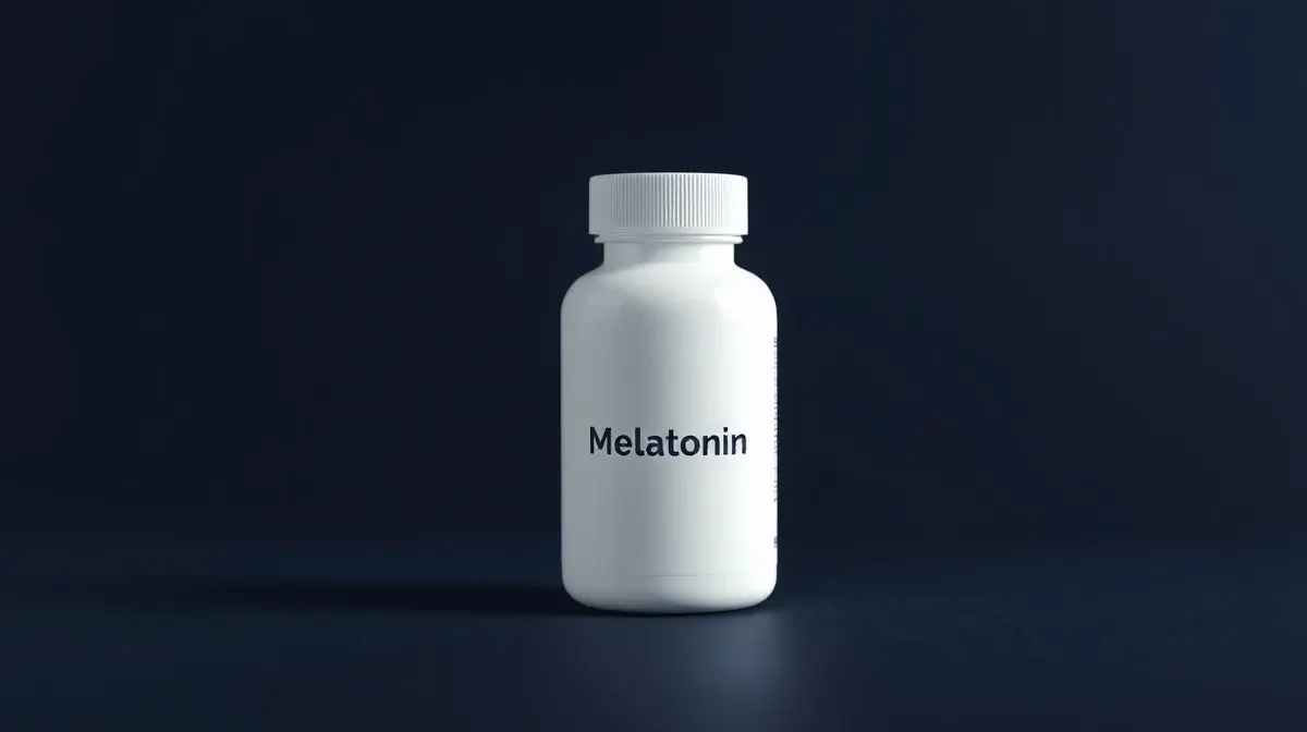 Frasco moderno e sem marca de suplemento de melatonina, representando a escolha da melhor melatonina para uma noite de sono reparadora.