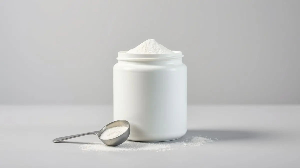 Pote branco minimalista de palatinose em pó, um suplemento de carboidrato para energia, com um dosador ao lado em um fundo de estúdio profissional.