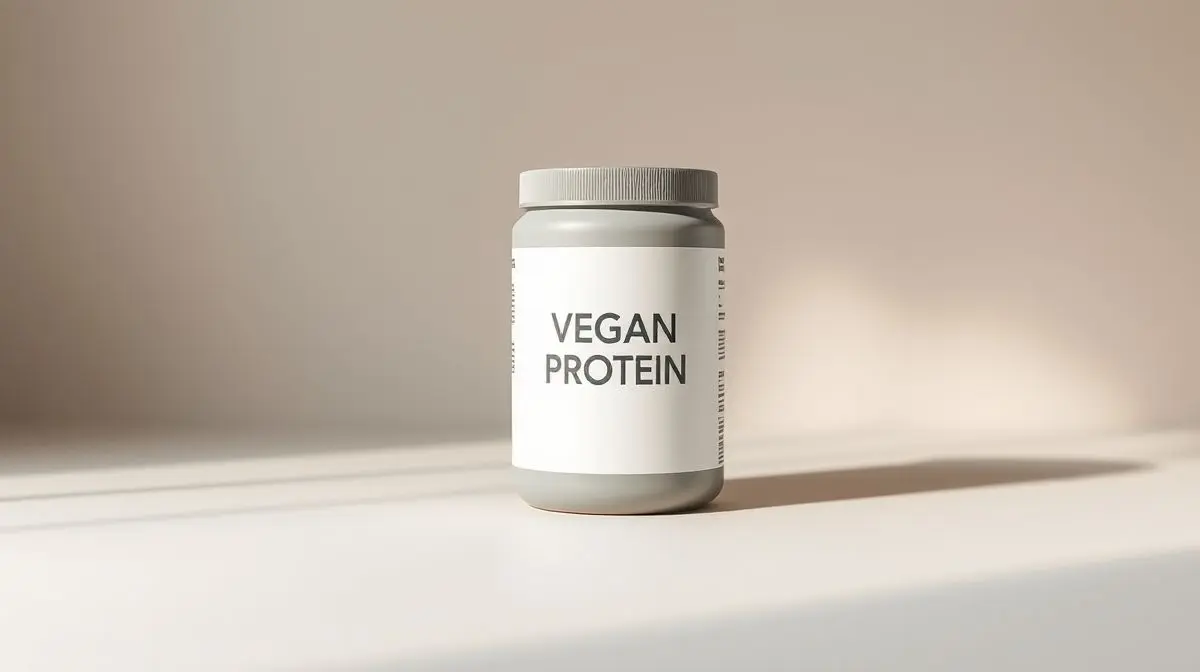 Pote de proteína vegana de alta qualidade em um fundo de estúdio, representando as melhores opções de suplementos vegetais do mercado em 2025.