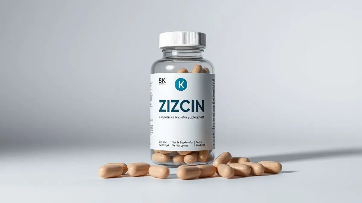 Frasco de um suplemento de zinco com alguns comprimidos ao lado, representando a escolha do melhor suplemento de zinco para a saúde e imunidade.