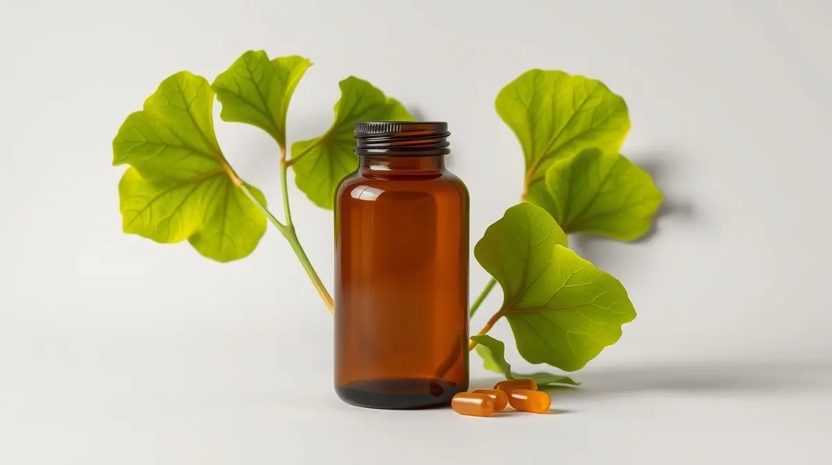 Um frasco de suplemento de Ginkgo Biloba cercado por folhas verdes frescas, representando os melhores suplementos disponíveis no mercado.