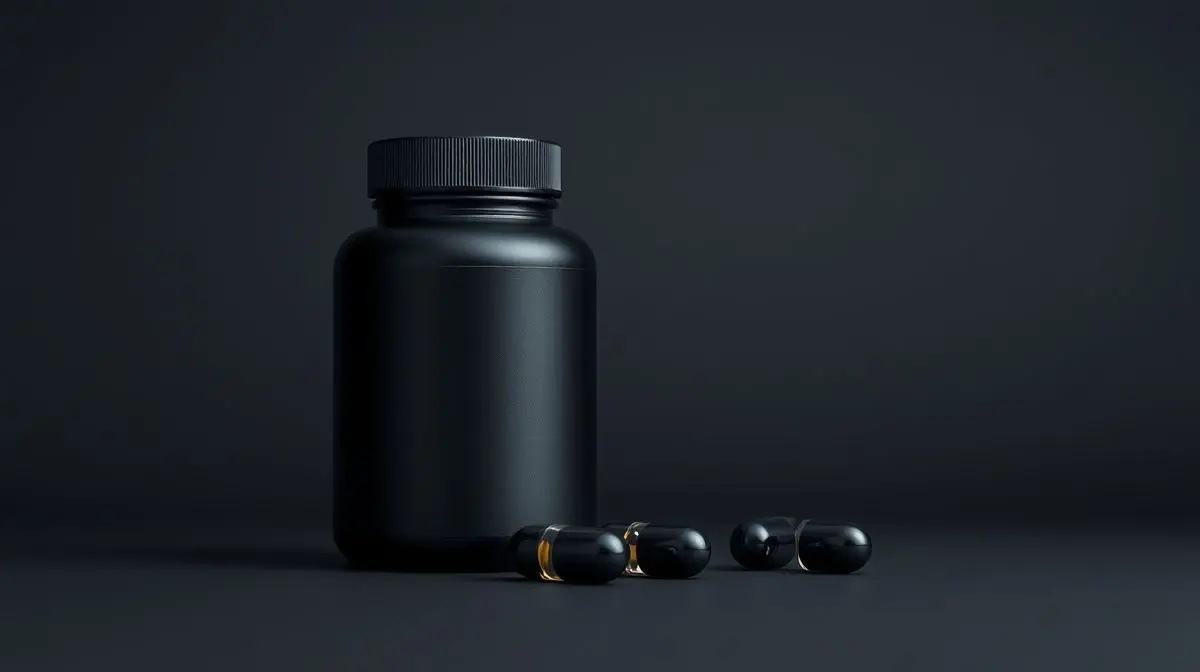 Frasco de suplemento ZMA sem marca sobre um fundo escuro, com cápsulas ao lado, representando a análise do melhor ZMA para comprar.