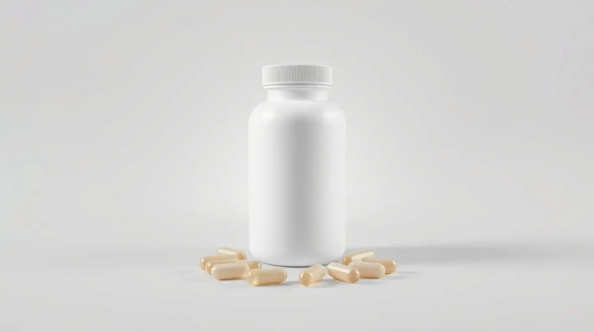 Frasco e cápsulas da melhor vitamina para o cabelo, simbolizando um suplemento de qualidade para fortalecimento e crescimento capilar.