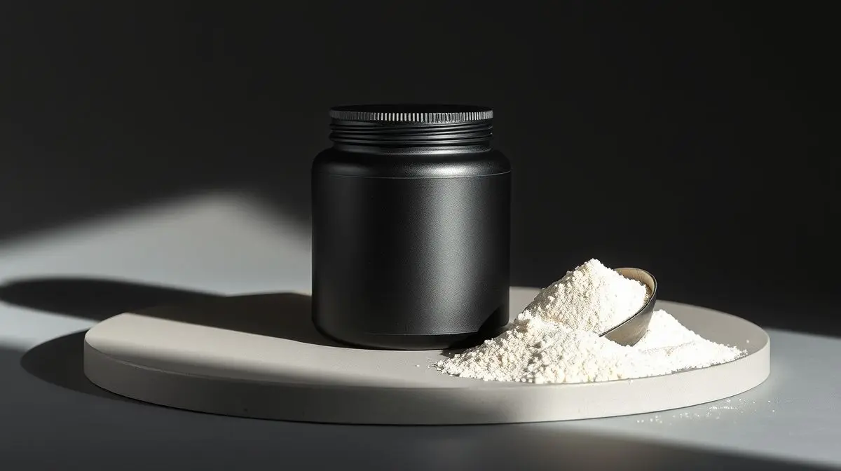 Pote de suplemento waxy maize com um medidor de pó ao lado, representando a seleção dos melhores waxy maize para comprar e seus benefícios.