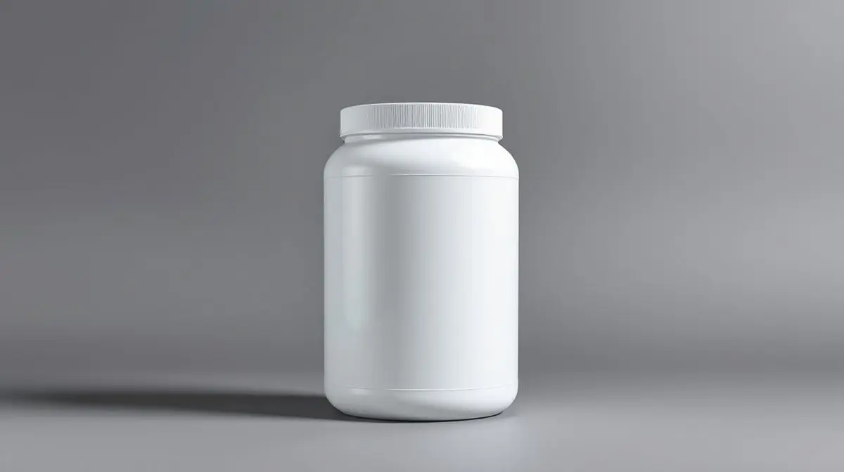 Embalagem branca e minimalista de um whey protein custo-benefício, destacando a escolha do melhor suplemento proteico em um fundo neutro.