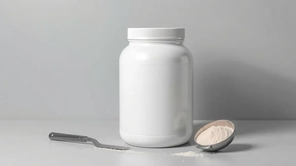 Pote de Whey da Growth em destaque sobre uma superfície limpa, com um dosador ao lado, representando a suplementação para ganho de massa muscular.