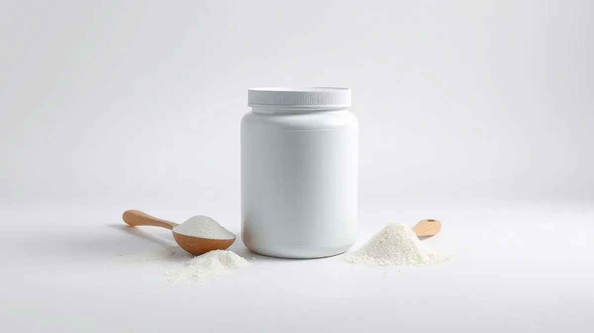 Pote de whey protein hidrolisado de alta qualidade em um fundo de estúdio, representando os melhores suplementos para ganho de massa muscular.