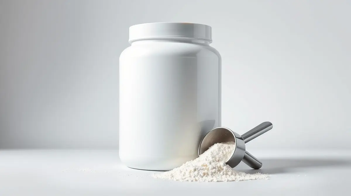 Pote de whey protein sem marca ao lado de um medidor, representando o guia sobre o melhor whey protein para emagrecer e seus benefícios para a saúde.