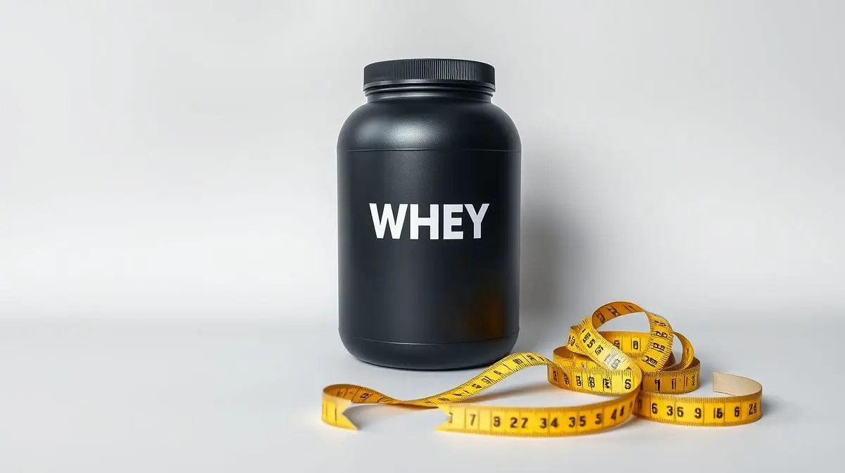 Pote de whey protein para emagrecer ao lado de uma fita métrica, ilustrando o guia com a análise dos melhores suplementos para perda de peso.