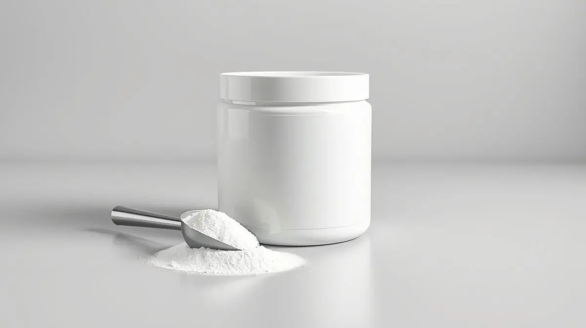 Pote de suplemento do melhor BCAA em pó com um dosador ao lado, representando a suplementação para ganho de massa muscular e recuperação em 2025.