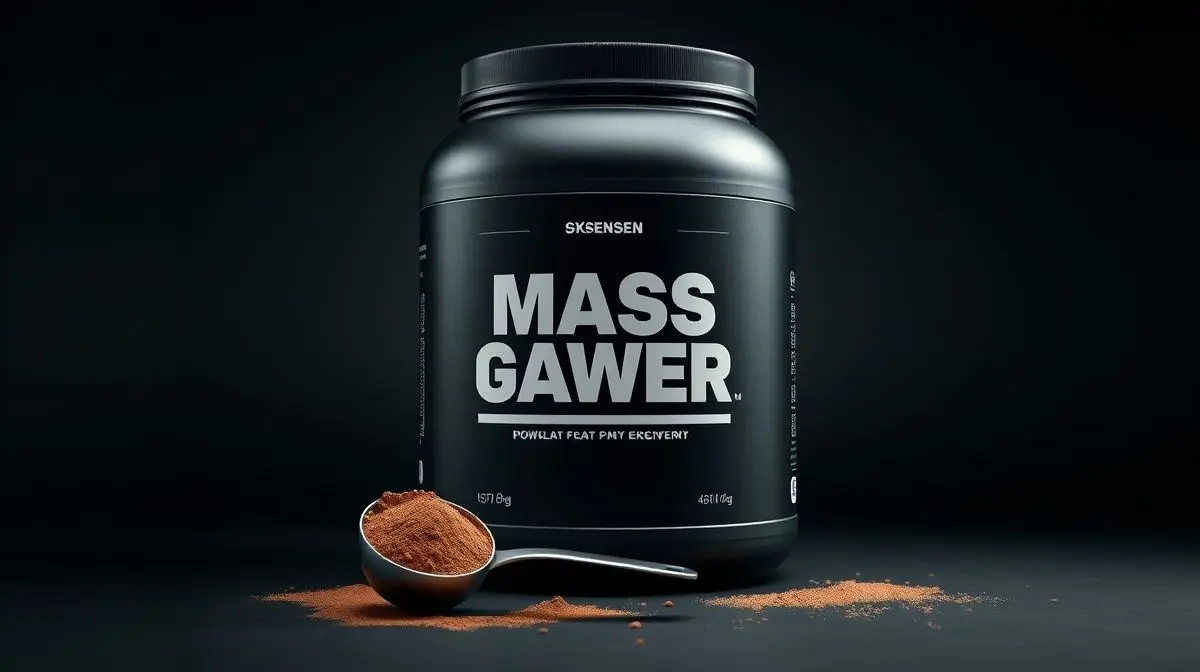 Pote de hipercalórico sem marca com um dosador ao lado, representando uma análise dos melhores suplementos para ganho de massa muscular do mercado.