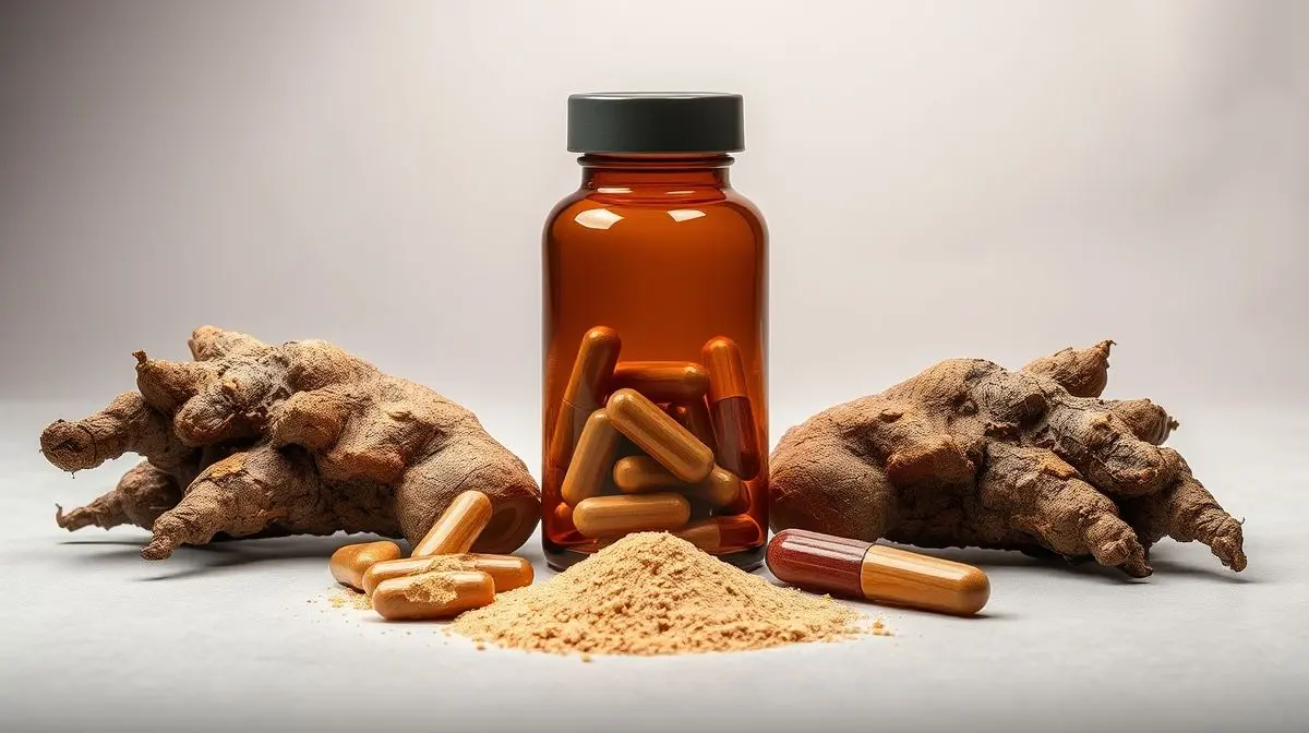 Frasco de cápsulas de ashwagandha com a raiz da planta e pó ao lado, representando as melhores marcas de suplementos disponíveis para comprar.