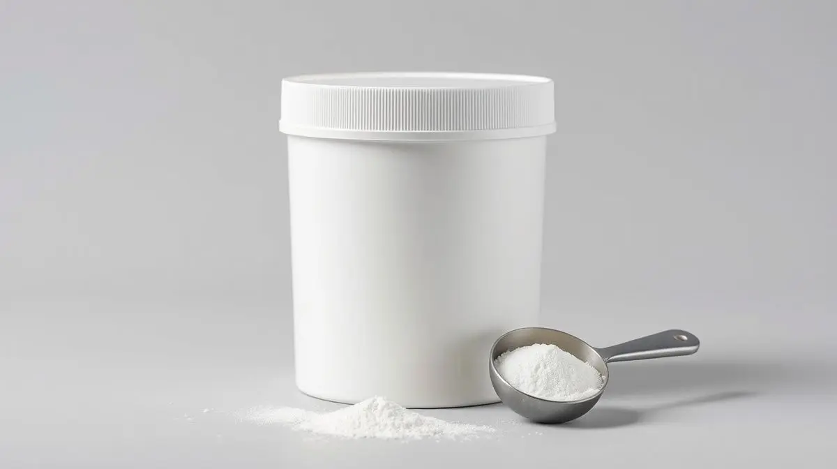 Pote de maltodextrina sem marca com um dosador ao lado, representando as melhores marcas de maltodextrina para comprar e usar como fonte de energia.