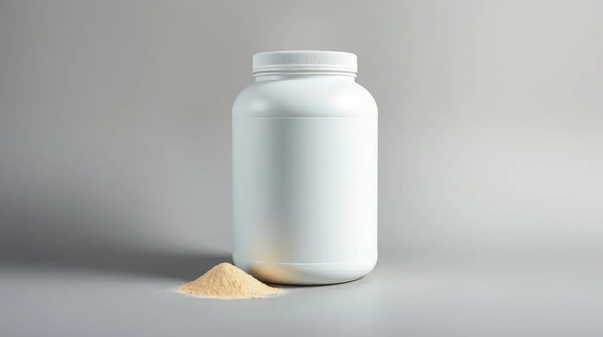 Pote de whey protein de alta qualidade sem marca em fundo de estúdio, representando as melhores marcas de suplementos para ganho de massa muscular.