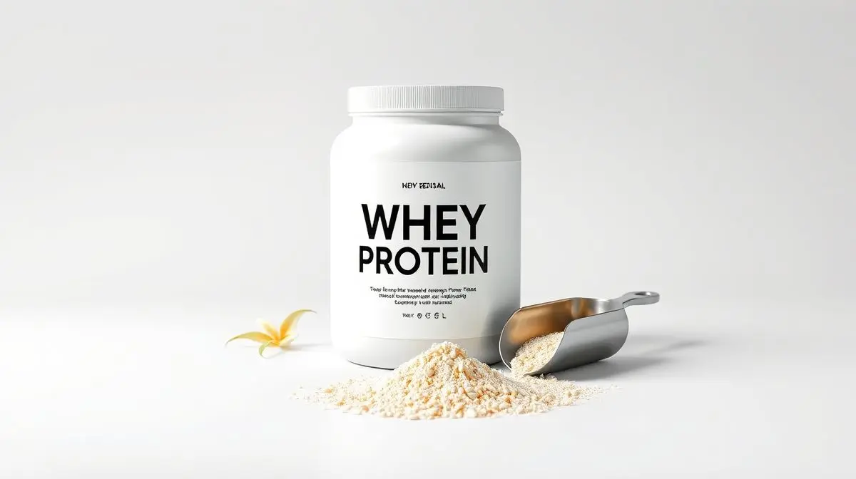 Pote de whey protein sem marca com um dosador ao lado, em fundo de estúdio, representando uma análise das melhores marcas de whey protein do mercado.