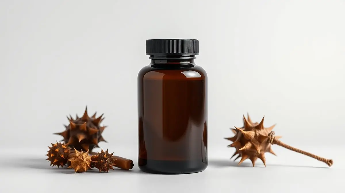 Frasco de suplemento Tribulus Terrestris em destaque, ao lado da planta, em um fundo de estúdio claro, representando as melhores marcas do mercado.
